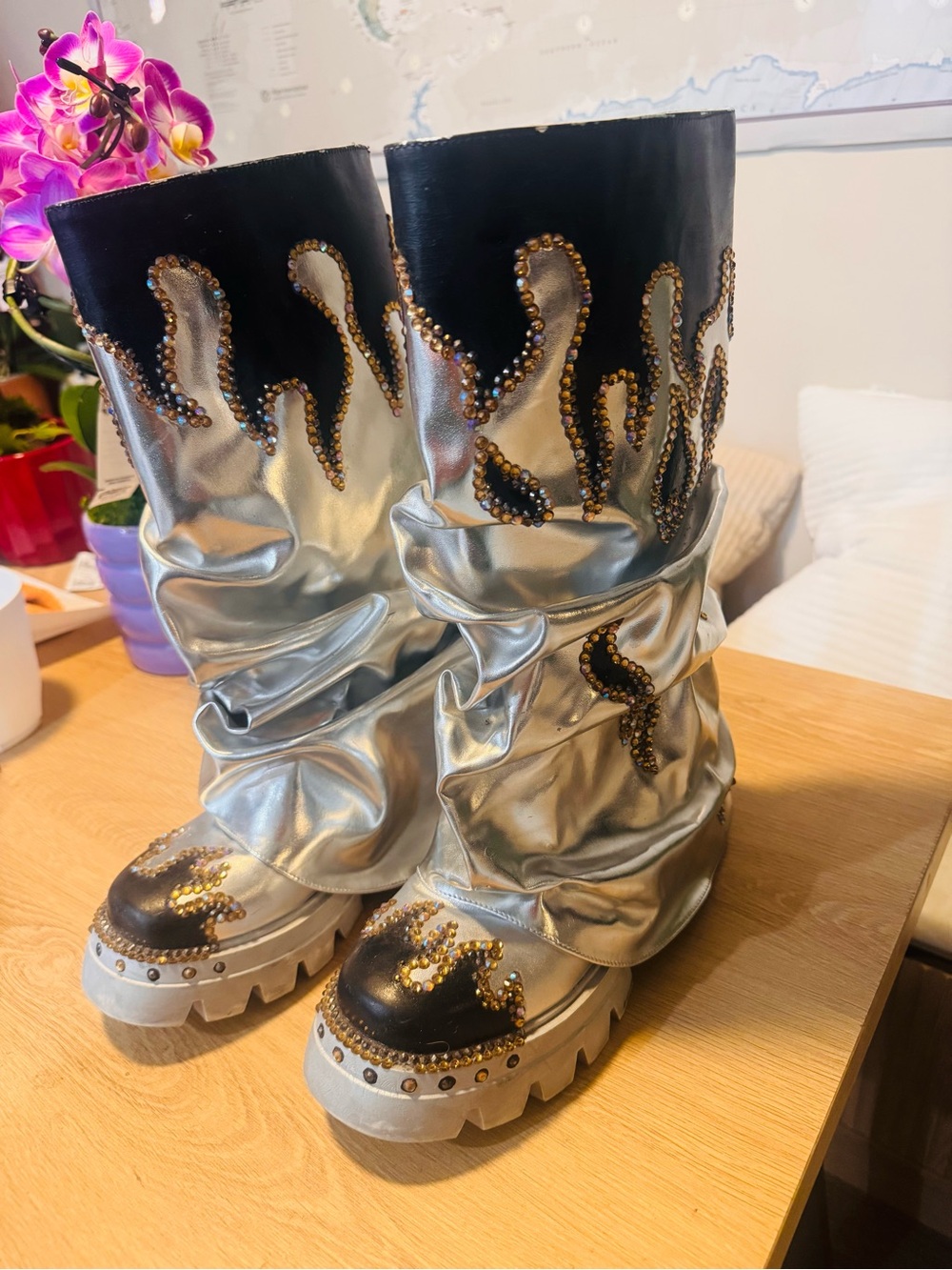 Burning Man Metallic Silver & Black Swarovski Embellished Slouch Boots